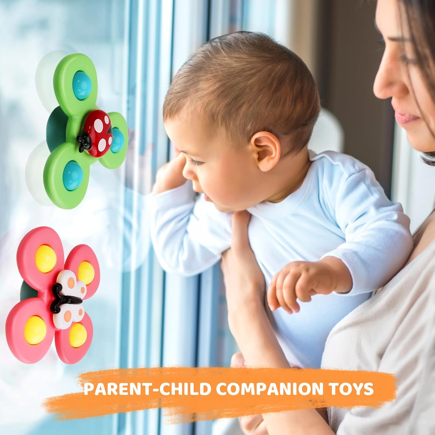 Fidtoy Suction Cup Activity Spinner Toy 3 Pieces for Babies 0-2, Colorful Insect Sensory Spinner Toys with Suction Cup Base, Plastic Round Tabletop Bath Travel Toy