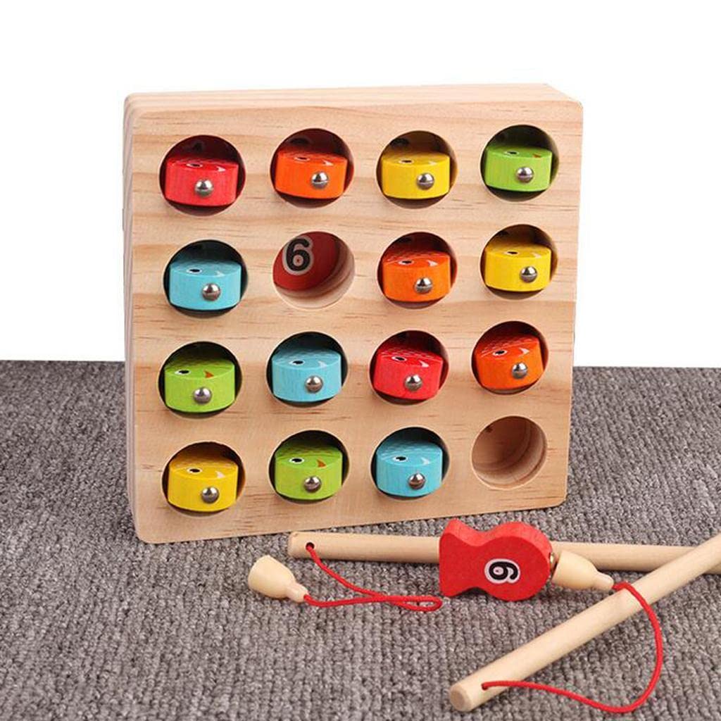 Fidtoy Solid Wooden Digital Magnetic Fishing Game for Kids Ages 2-6, Number Recognition Wooden Fishing Toy with 15 Fish, Double Fishing Rods and Colorful Early Learning Play