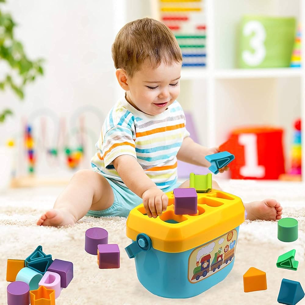 Fidtoy Baby Shape Sorter Blocks Set with 16 Building Blocks