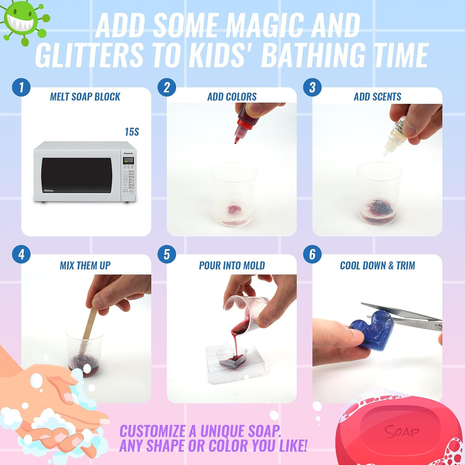 Fidtoy Science Exploration Make Your Own Colorful and Scented Soaps Kit for Kids Ages 8+, DIY Soap Making STEM Craft Set with Transparent Soap Base, Fragrances, Pigments, 3D Butterfly and Heart Molds