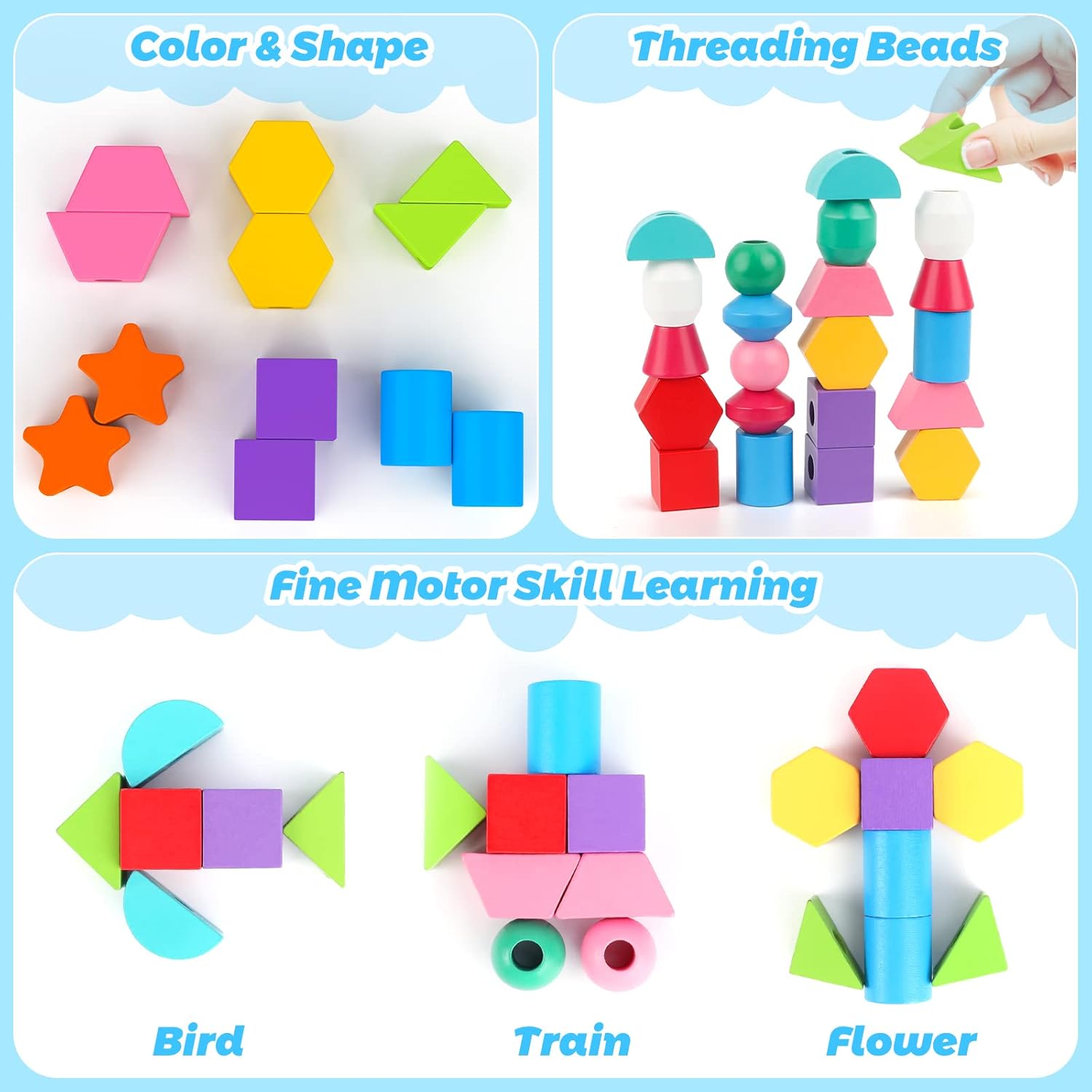 Fidtoy Jouet d'apprentissage en bois (blocs et perles) pour tout-petits