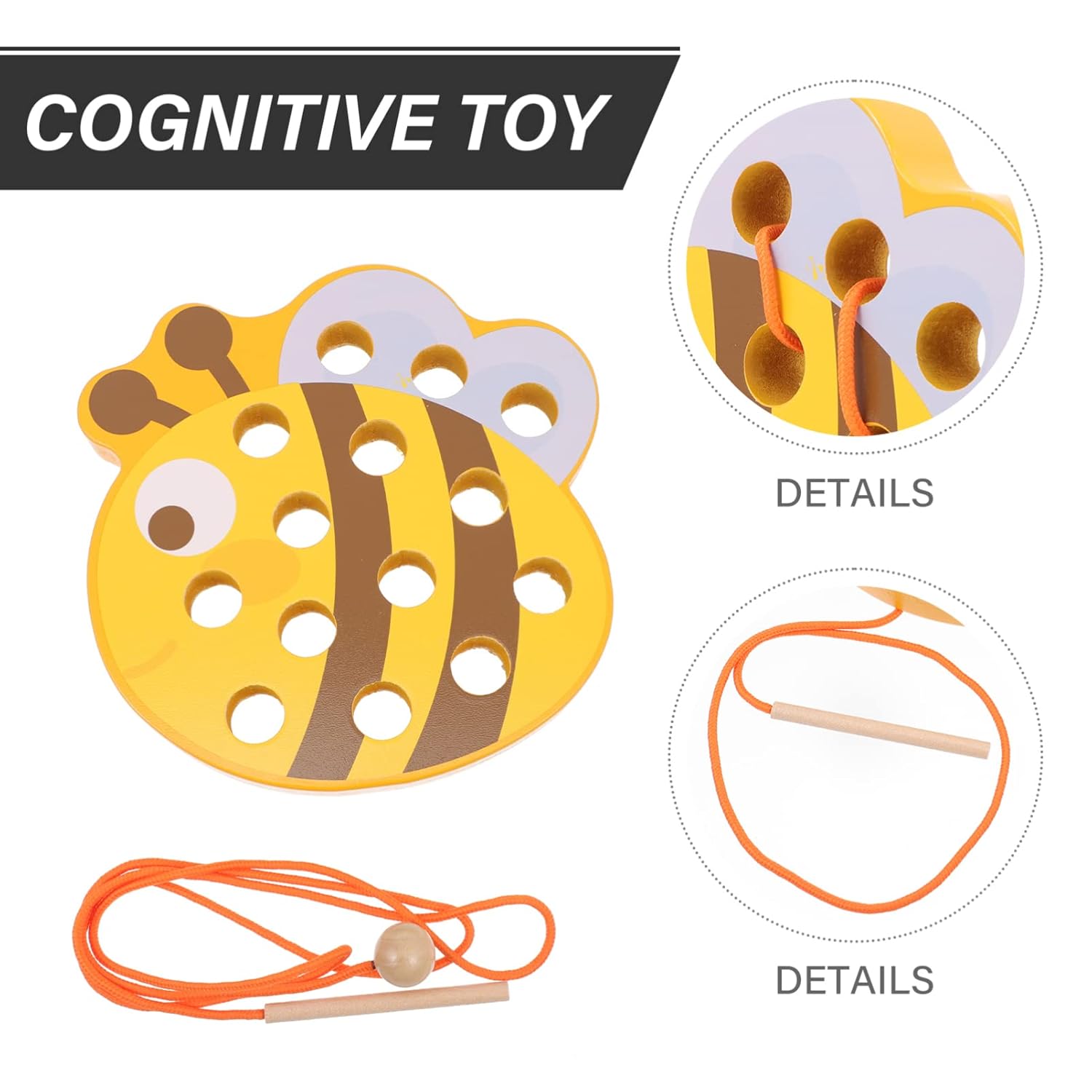 TOYANDONA Jouets d'enfilage en bois, jeux d'enfilage d'animaux, jouets de tissage en bois, puzzle de blocs de bois, motricité fine, jouet éducatif Montessori pour l'apprentissage précoce des garçons et des filles (abeille)