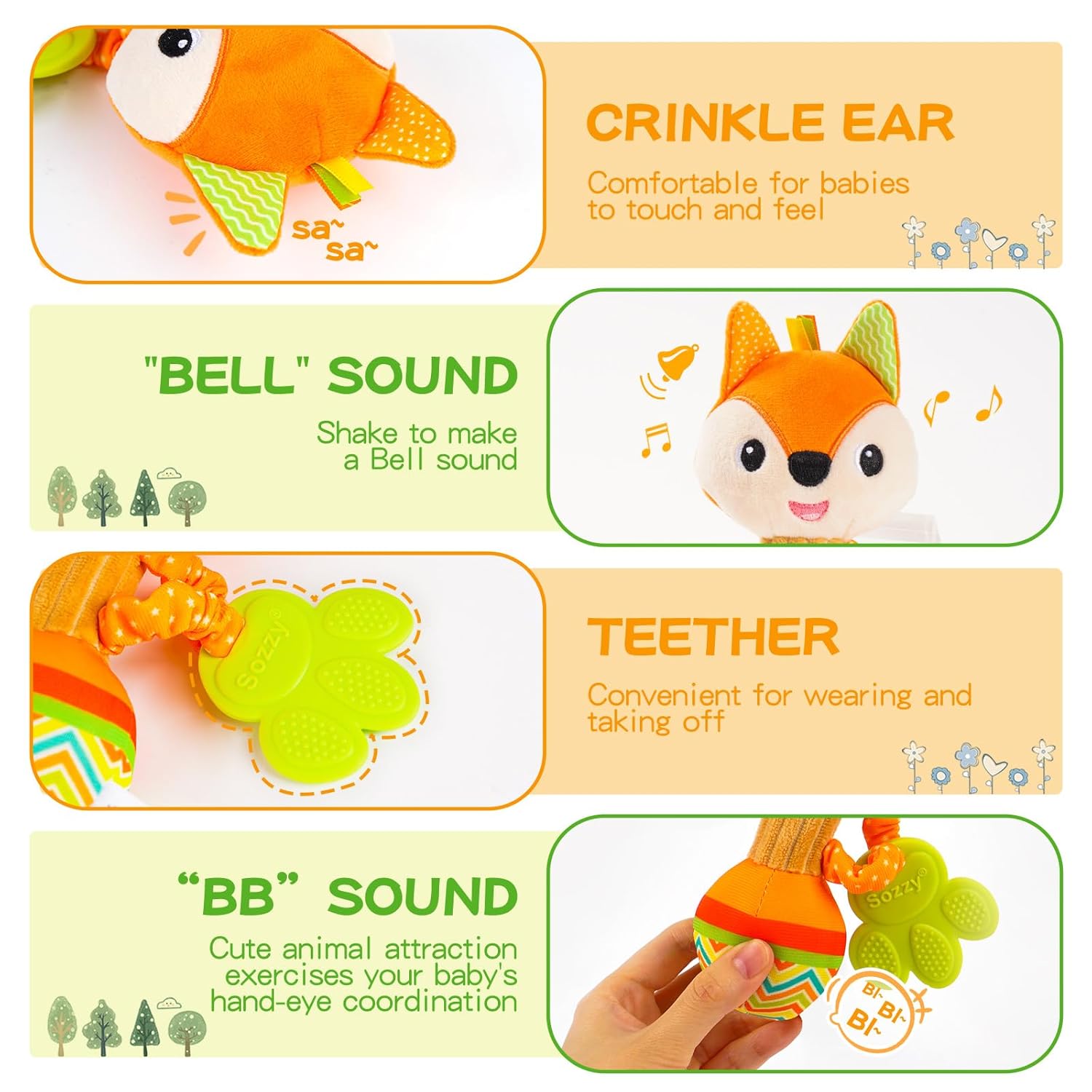 Ensemble de jouets hochet en peluche Fidtoy pour nouveau-nés – Hochets sensoriels doux en forme d'animaux pour la préhension, la découverte sonore et le développement précoce des nourrissons
