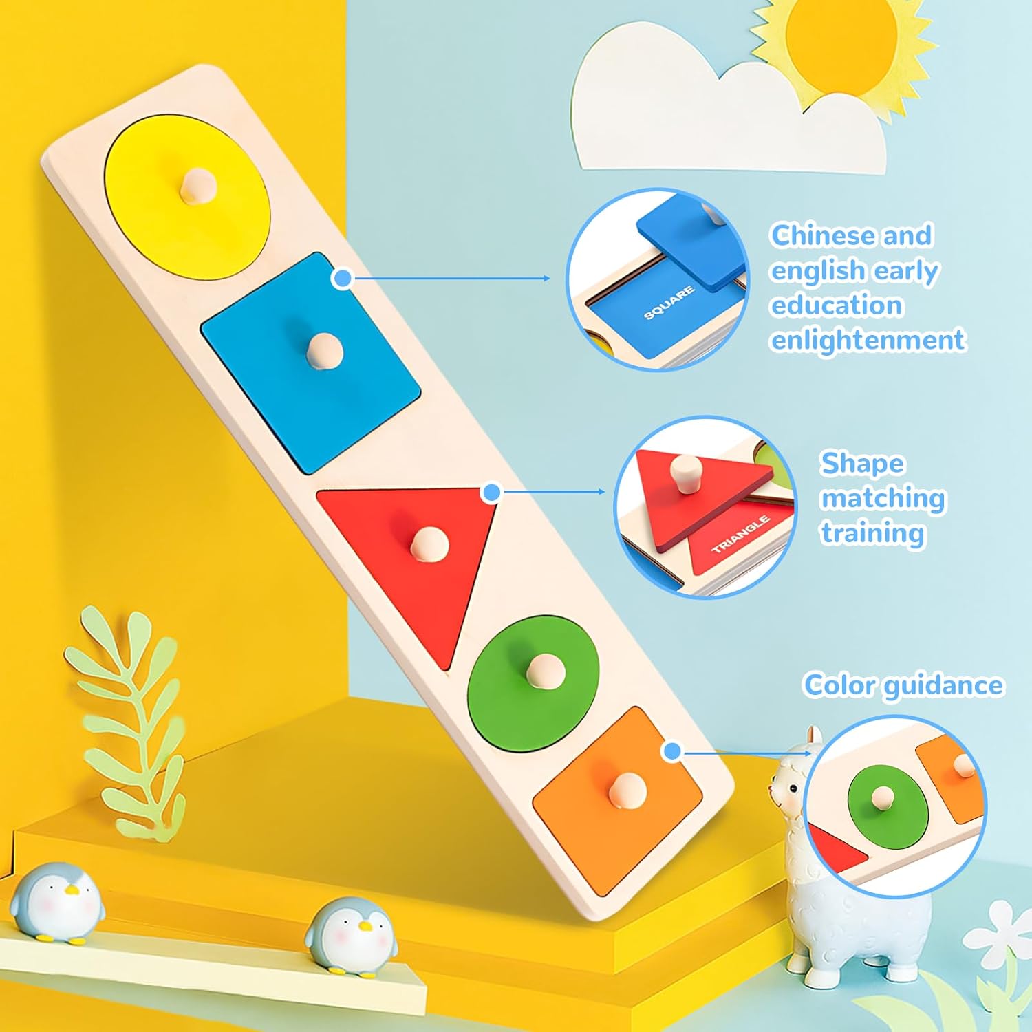 QESSUVNC Wooden Shape Sorting Game for Toddlers, Montessori Peg Puzzle, Geometric Shapes, 1-3 Years