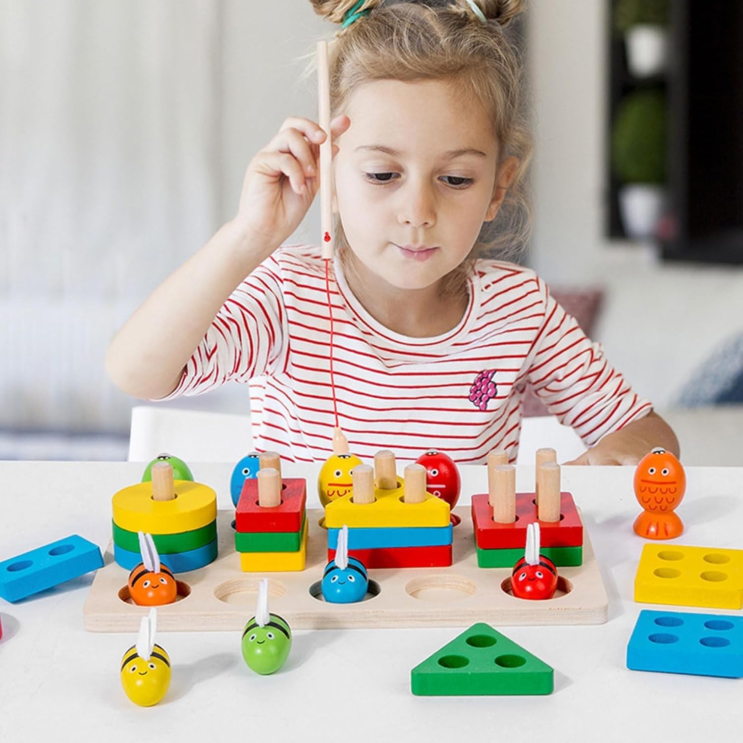 Fidtoy 3 in 1 Bee Clipping and Magnetic Fishing Four Column Shape Kit, Wooden Shape Sorting and Fine Motor Learning Toy Ages 2-6