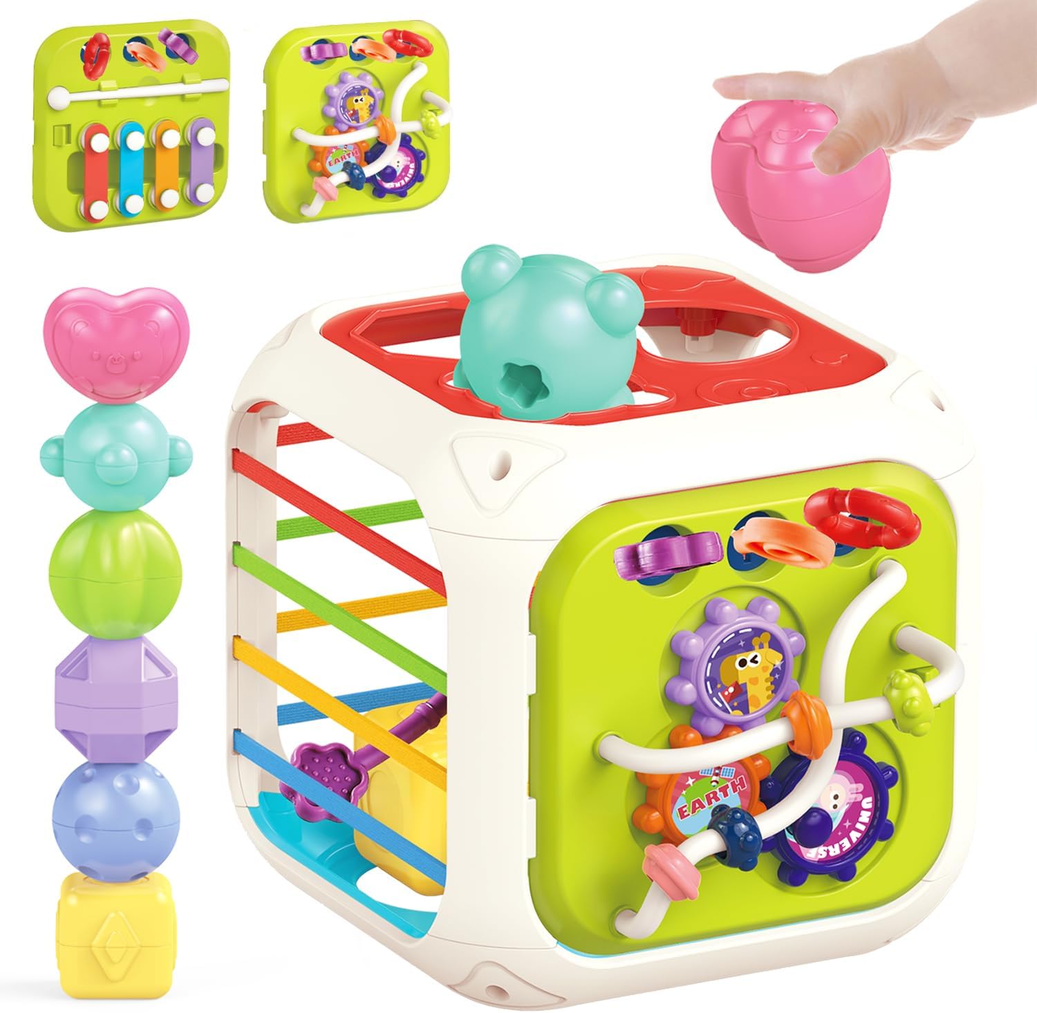 Fidtoy Cube d'activités Montessori 7-en-1 pour tout-petits – Cube d'apprentissage sensoriel multifonctionnel avec trieur de formes, xylophone, engrenages, perles, ficelle à tirer et blocs empilables