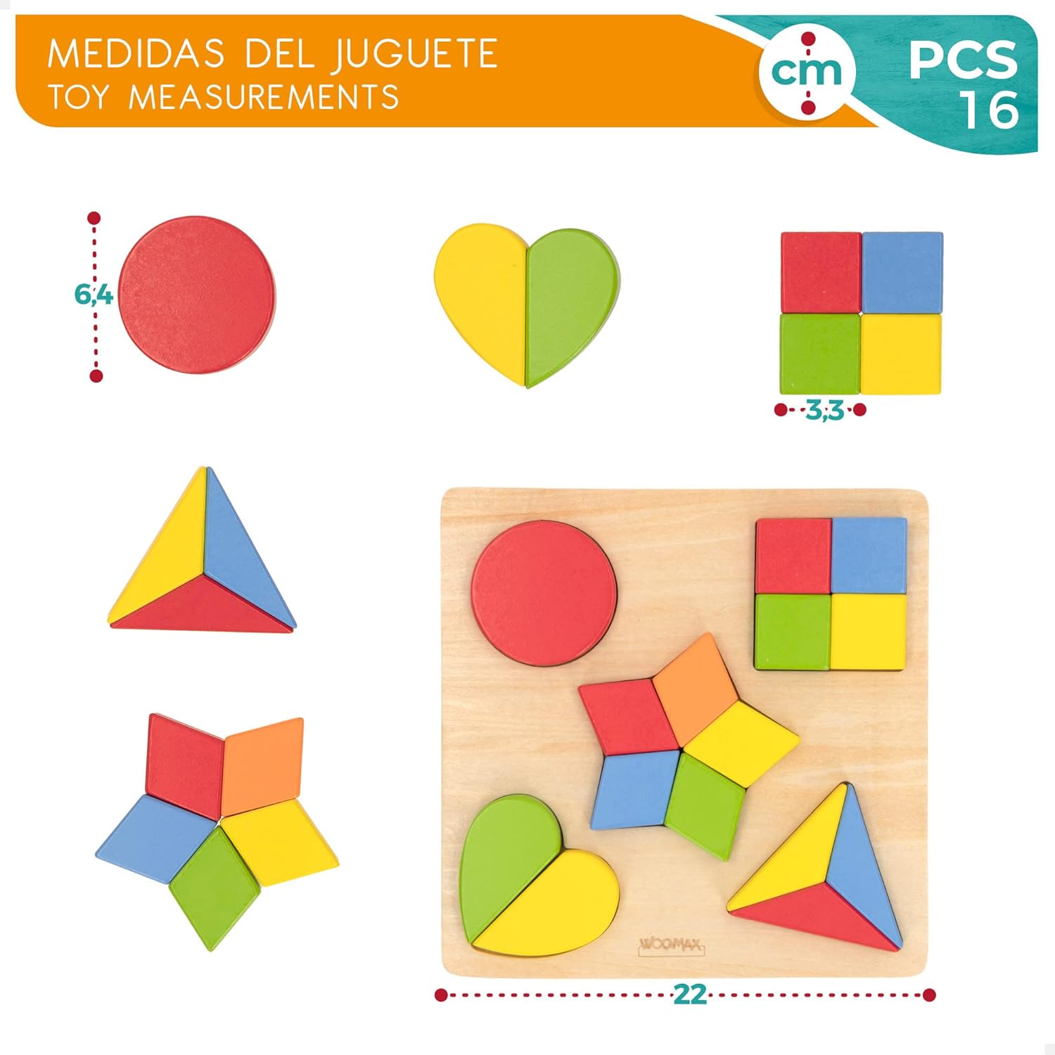 WOOMAX 49358 Puzzle en bois Formes géométriques + 24 m Coloré Normal