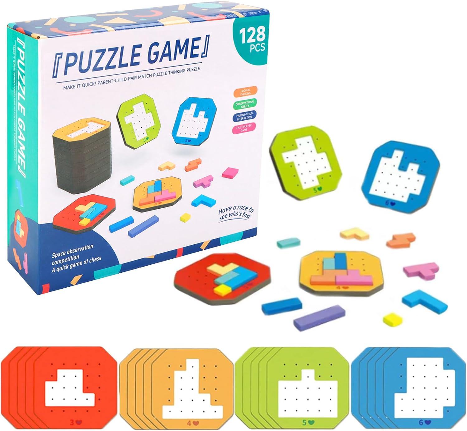 Fidtoy 3D Tangram Jeu de blocs multijoueur stimulant, 128 blocs de puzzle colorés, jouet de puzzle familial pour développer la conscience spatiale et la pensée logique, pour les 2-6 ans