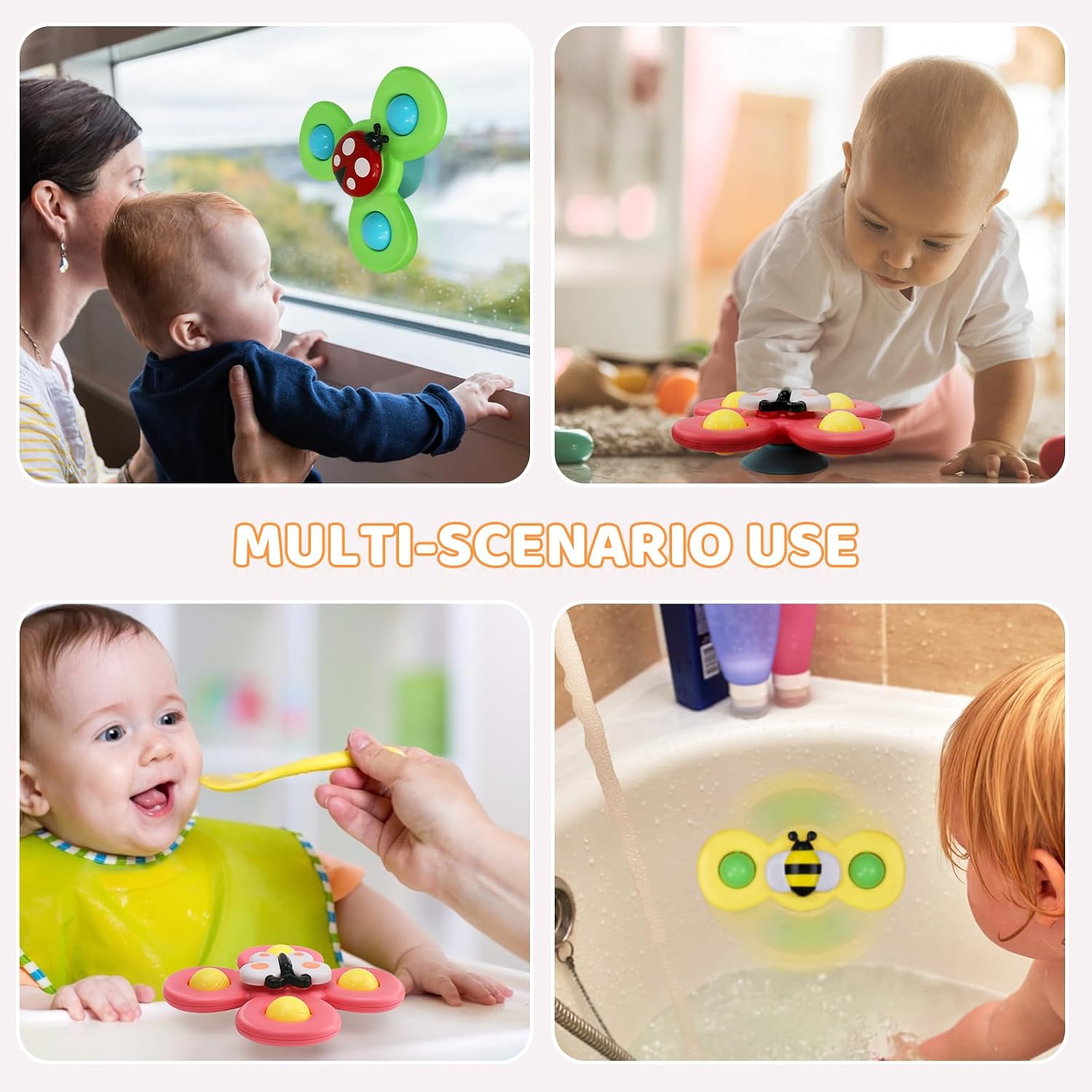 Fidtoy Suction Cup Activity Spinner Toy 3 Pieces for Babies 0-2, Colorful Insect Sensory Spinner Toys with Suction Cup Base, Plastic Round Tabletop Bath Travel Toy