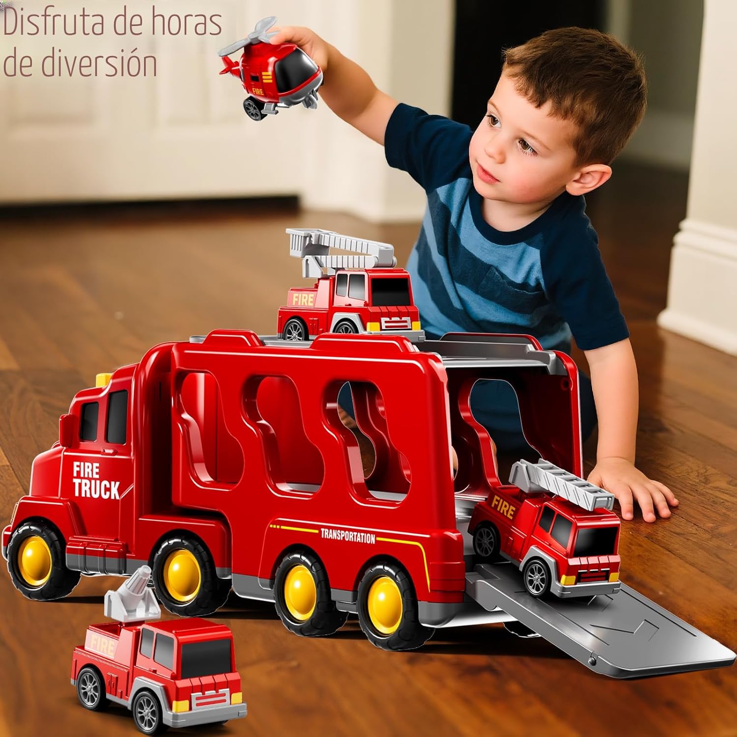 Fidtoy 5-in-1 Fire Truck Carrier Playset for Kids with Helicopter Ladder Truck Lights and Sounds