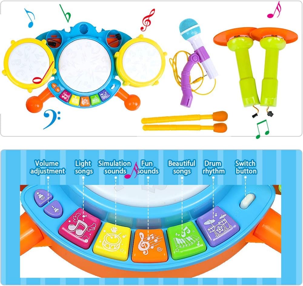 Fidtoy Kids Drum Set with Microphone for Toddlers – Musical Instrument Toy with Lights, Sounds & Interactive Learning