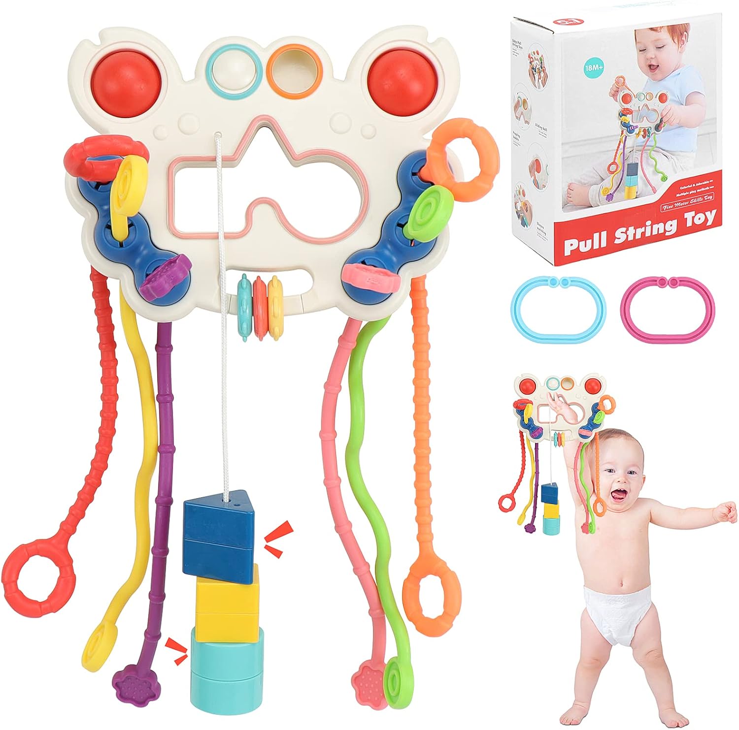 Fidtoy Jouet d'éveil et sensoriel 5-en-1 à tirer pour bébés, Jouet à tirer en silicone en forme de crabe avec boutons-poussoirs, textures, motricité fine et jeu de voyage, âge 0-2 ans