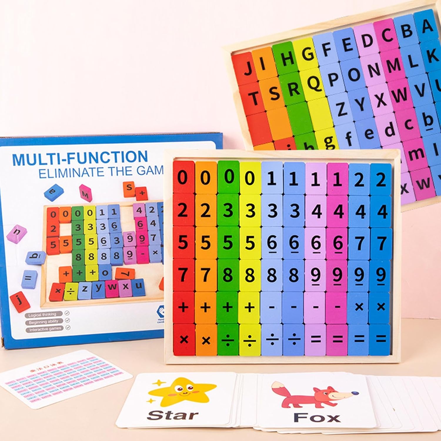 Fidtoy Jeu d'élimination 2 en 1 multifonctionnel mathématiques et orthographe, tableau d'apprentissage double face en bois chiffres et lettres, jouet Montessori pour l l'éducation précoce des 2-6 ans