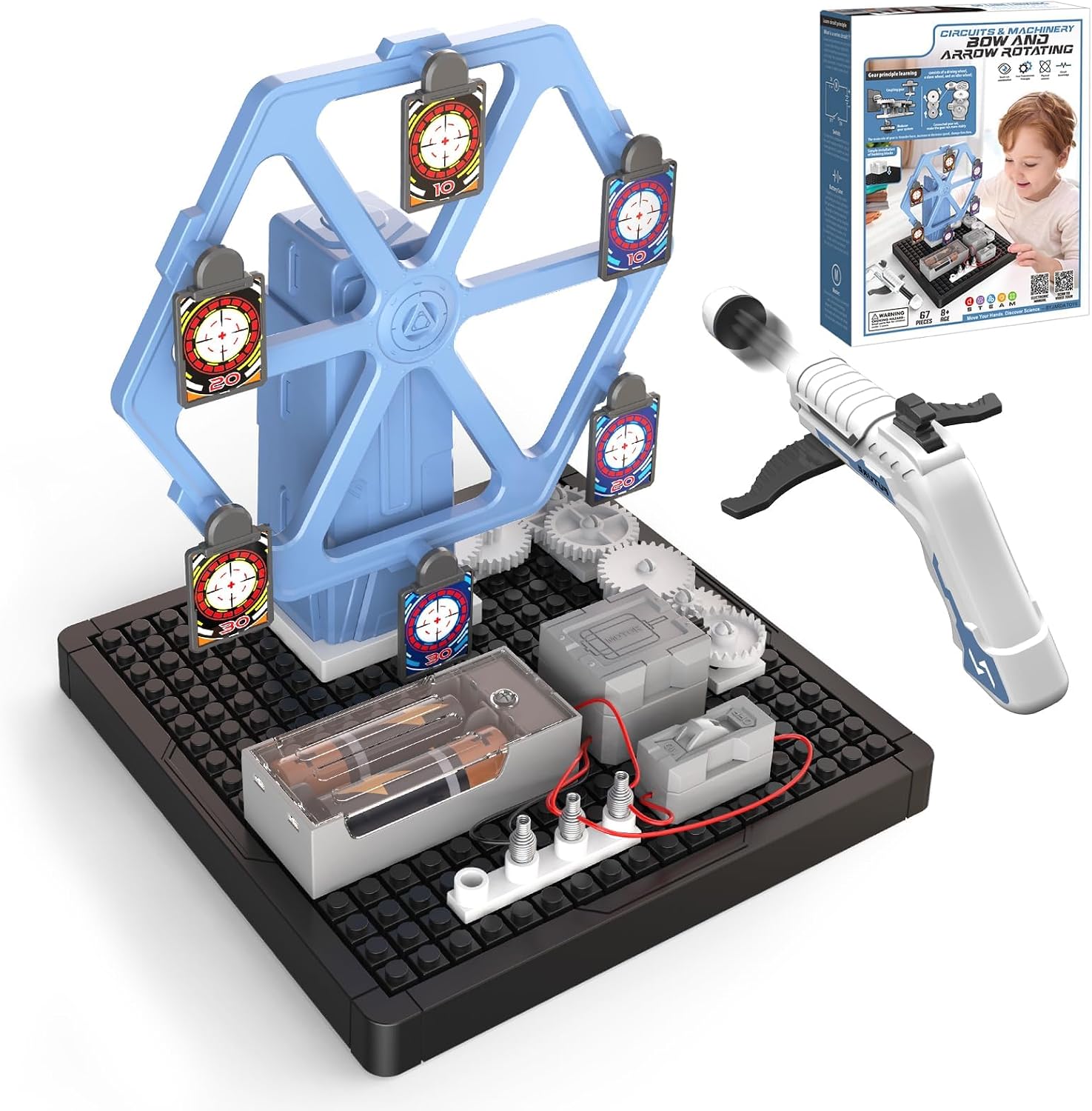 Fidtoy STEAM Machinery Bow and Arrow Rotating Circuit Kit for Kids Ages 8+, ABS Plastic STEM Assembly Shooting Target Toy with Gears and Circuit Learning