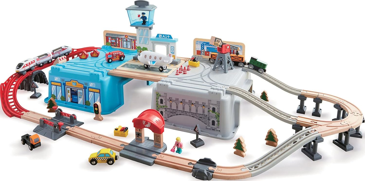 Fidtoy Juego de Tren de Madera para Ciudad, Juguete de Construcción de Ferrocarril de 80 Piezas para Niños