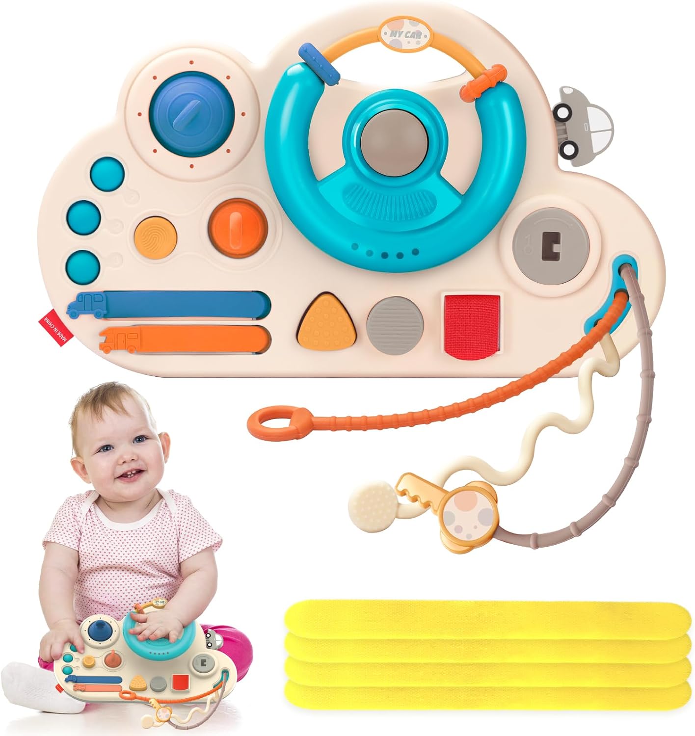 Fidtoy Busy Activity Steering Wheel Baby Pull String Toy for Toddlers – Montessori Sensory Travel Toy with Pull Strings, Bubbles, Buttons & Fine Motor Play