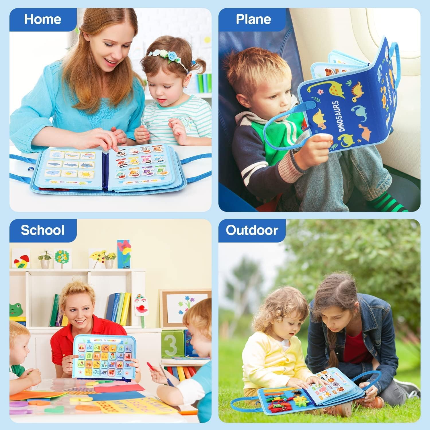 Fidtoy Busy Dinosaur Learning Sensory Fine Motor Book for Toddlers – 5 Double-Sided Montessori Busy Book with Buckles, Zippers, Numbers, Letters & Weather Activities