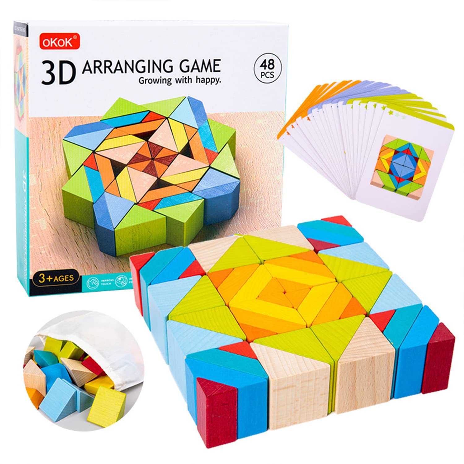Fidtoy Puzzle Géométrique en Bois 3D, Casse-tête de 48 Pièces en Bois à Empiler avec Cartes de Modèles, Jouet Éducatif STEM Montessori pour Enfants de 5 Ans et Plus