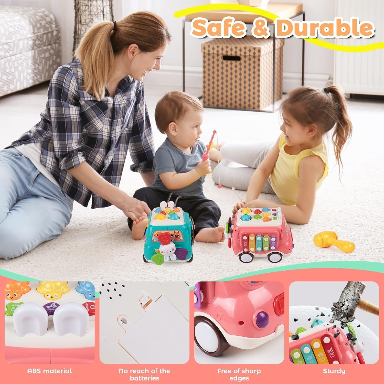 Fidtoy 6-in-1 Multiple Activity and Learners Car for Toddlers, Musical Activity Bus Toy with Xylophone, Gears, Fishing Game and Music Mode Age 18M+