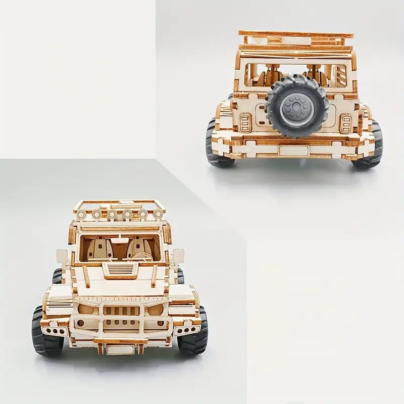 Fidtoy Jeep mécanique 3D en bois à tirer, puzzle de 125 pièces, kit de construction de SUV en bois pour adolescents, adultes, débutants à partir de 14 ans
