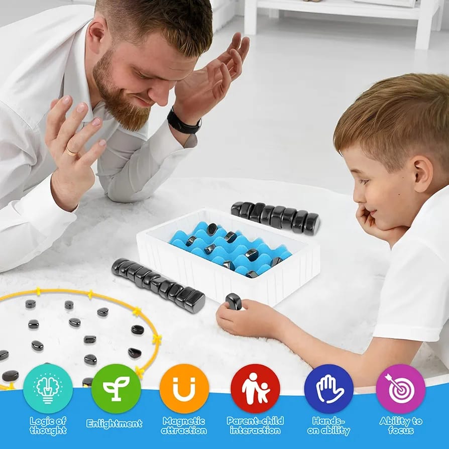 Jeu de société familial Fidtoy Magnetic Effect Chess Stone, Jeu de stratégie en pierre magnétique avec plateau en éponge, corde de jeu et sac de rangement, Jeu de société de logique familiale pour les 3 ans et plus