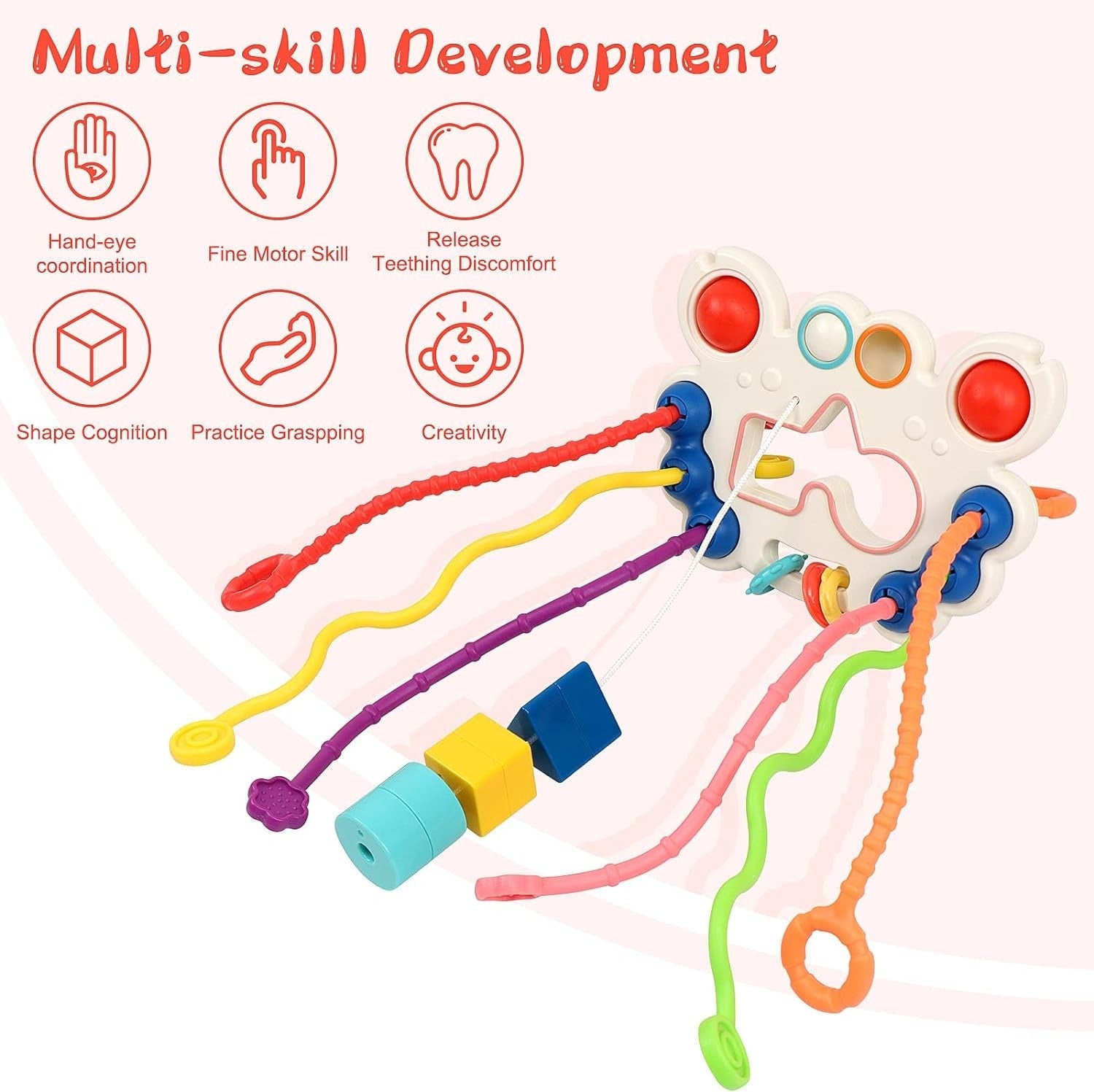 Fidtoy Jouet d'éveil et sensoriel 5-en-1 à tirer pour bébés, Jouet à tirer en silicone en forme de crabe avec boutons-poussoirs, textures, motricité fine et jeu de voyage, âge 0-2 ans