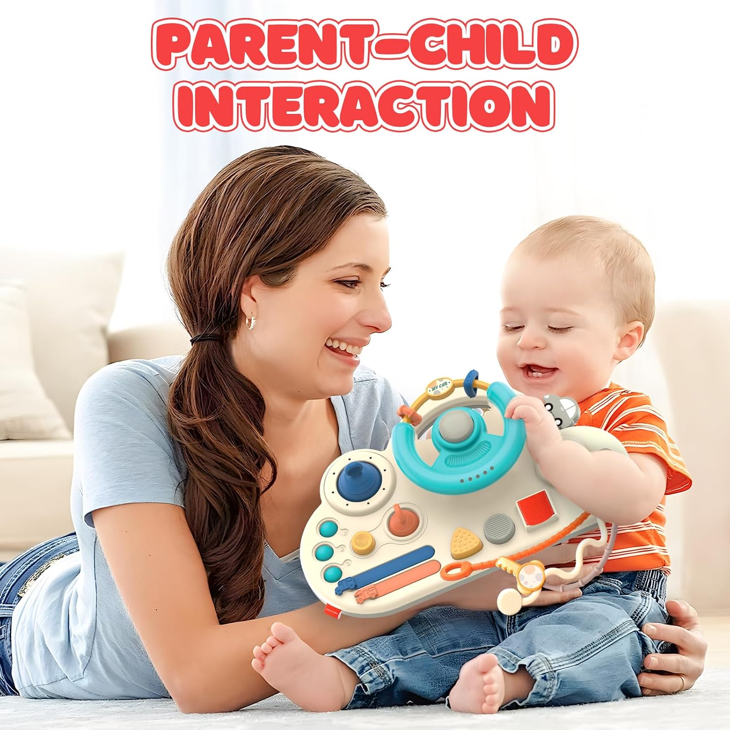 Fidtoy Volant d'activités Montessori pour bébé à tirer – Jouet sensoriel de voyage avec cordes à tirer, bulles, boutons et jeu de motricité fine