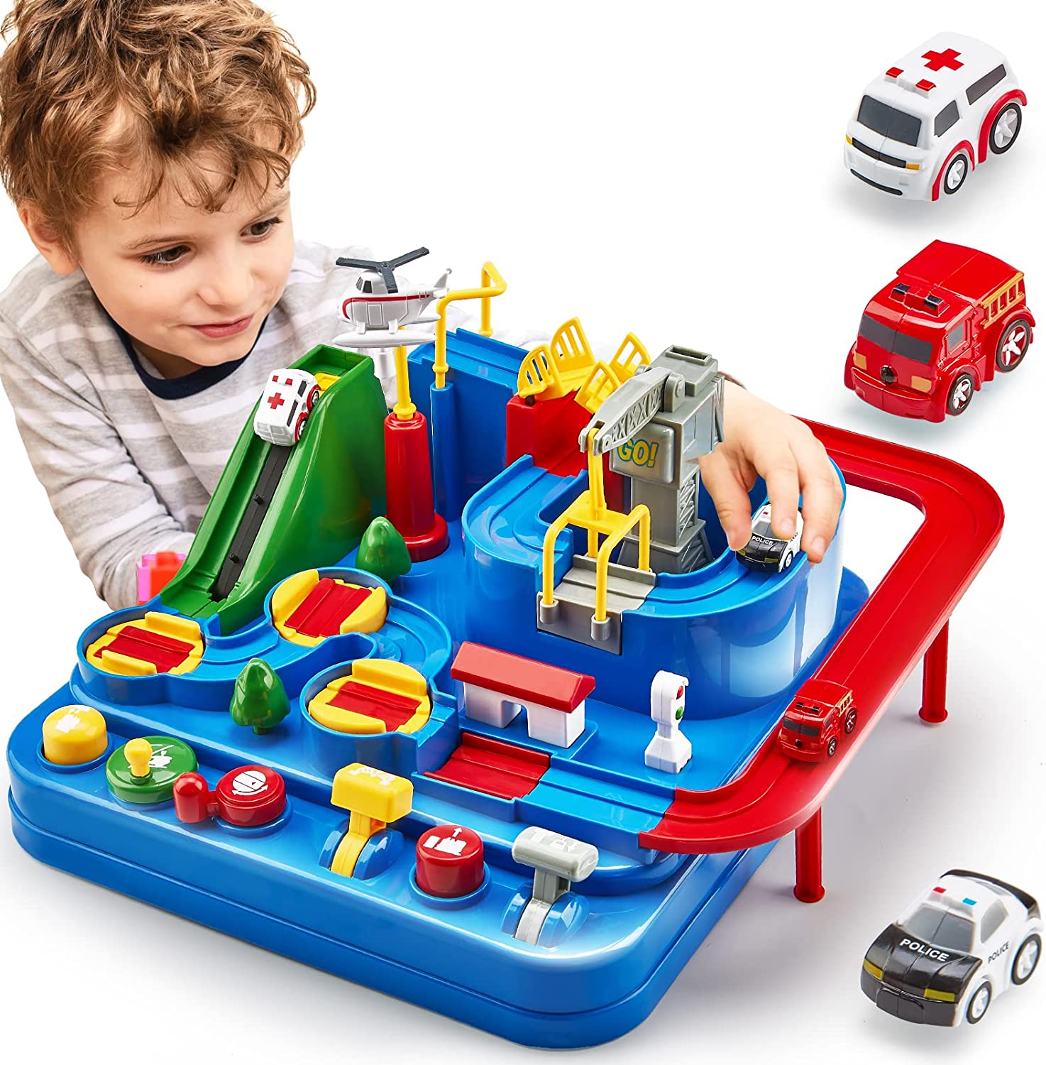 Fidtoy 2-in-1 Adventure Car Track Toy for Kids – Multi-Level City Rescue Track Set with 3 Mini Cars, 6 Control Buttons, 8 Challenges, and Manual Racing Play