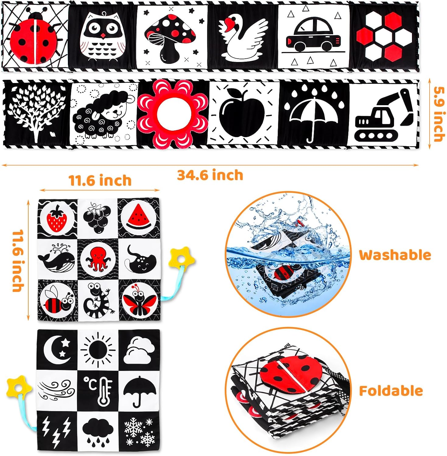 Livre en tissu à contraste élevé Fidtoy pour bébés – Set de jouets Montessori noir et blanc sensoriels pour le temps sur le ventre de 0 à 6 mois