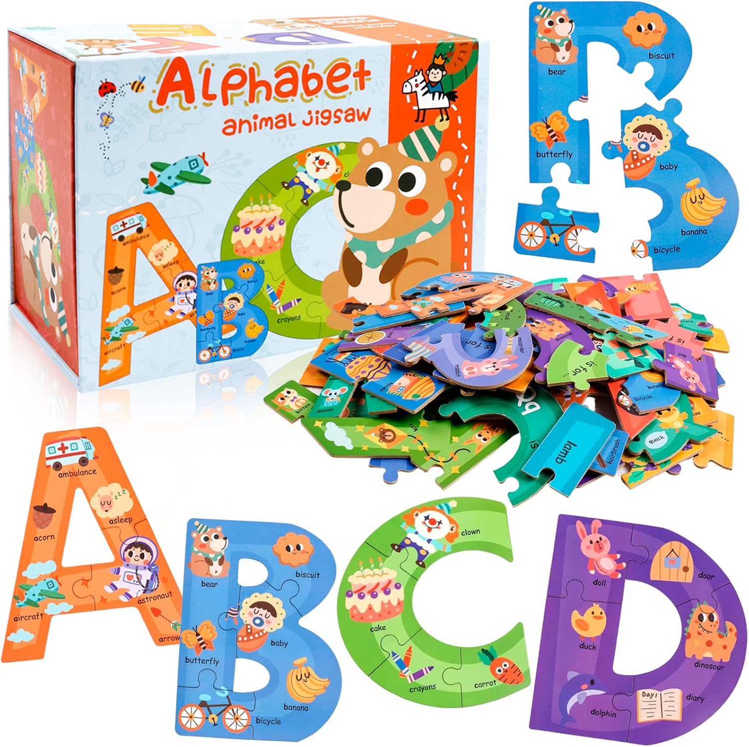 Puzzles en bois pour enfants, Puzzle d'apprentissage éducatif Montessori pour la maternelle, Jeux d'association de chiffres et d'animaux, Cadeaux de Pâques pour garçons et filles de 3 ans et plus