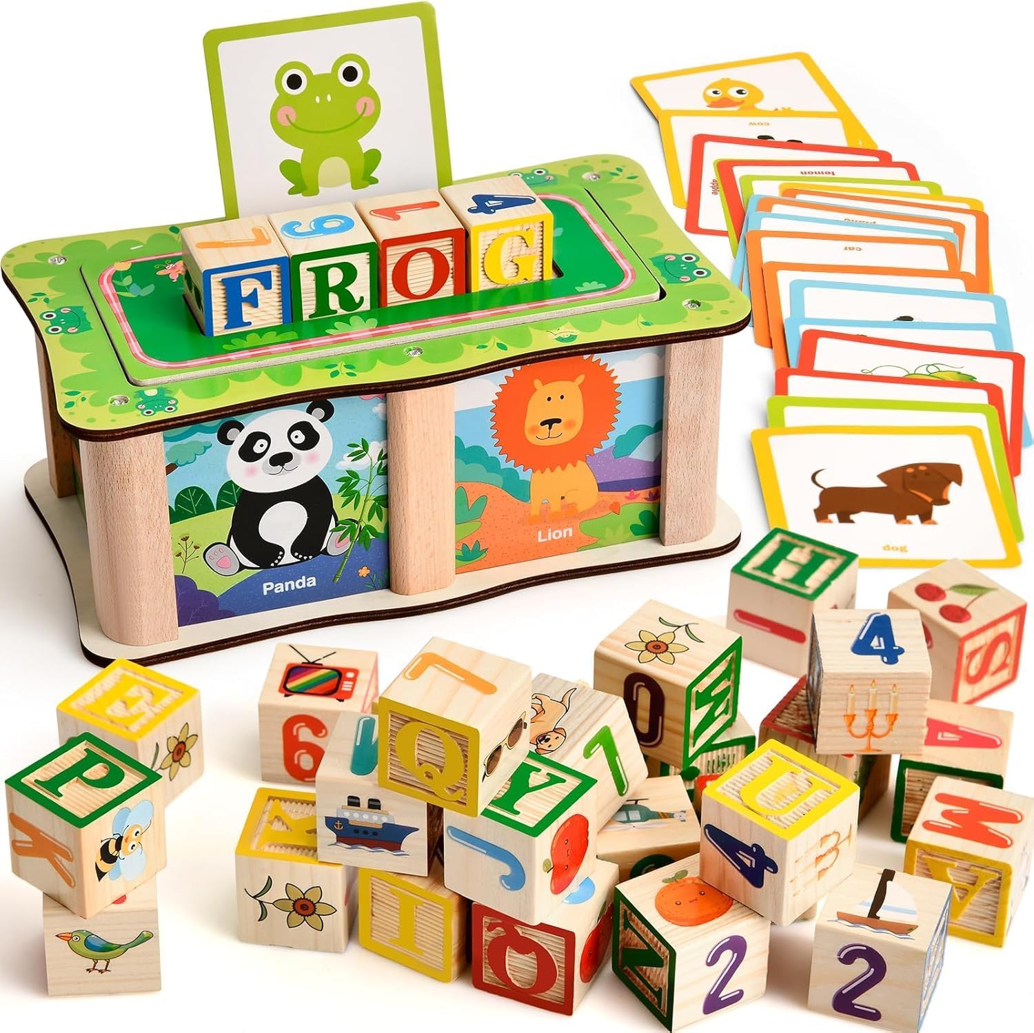 Fidtoy Wooden Word Building Block Box with Cards , Wooden Alphabet Blocks and Picture Cards Set with 27 Blocks, 20 Double-Sided Cards and Storage Box Ages 3+