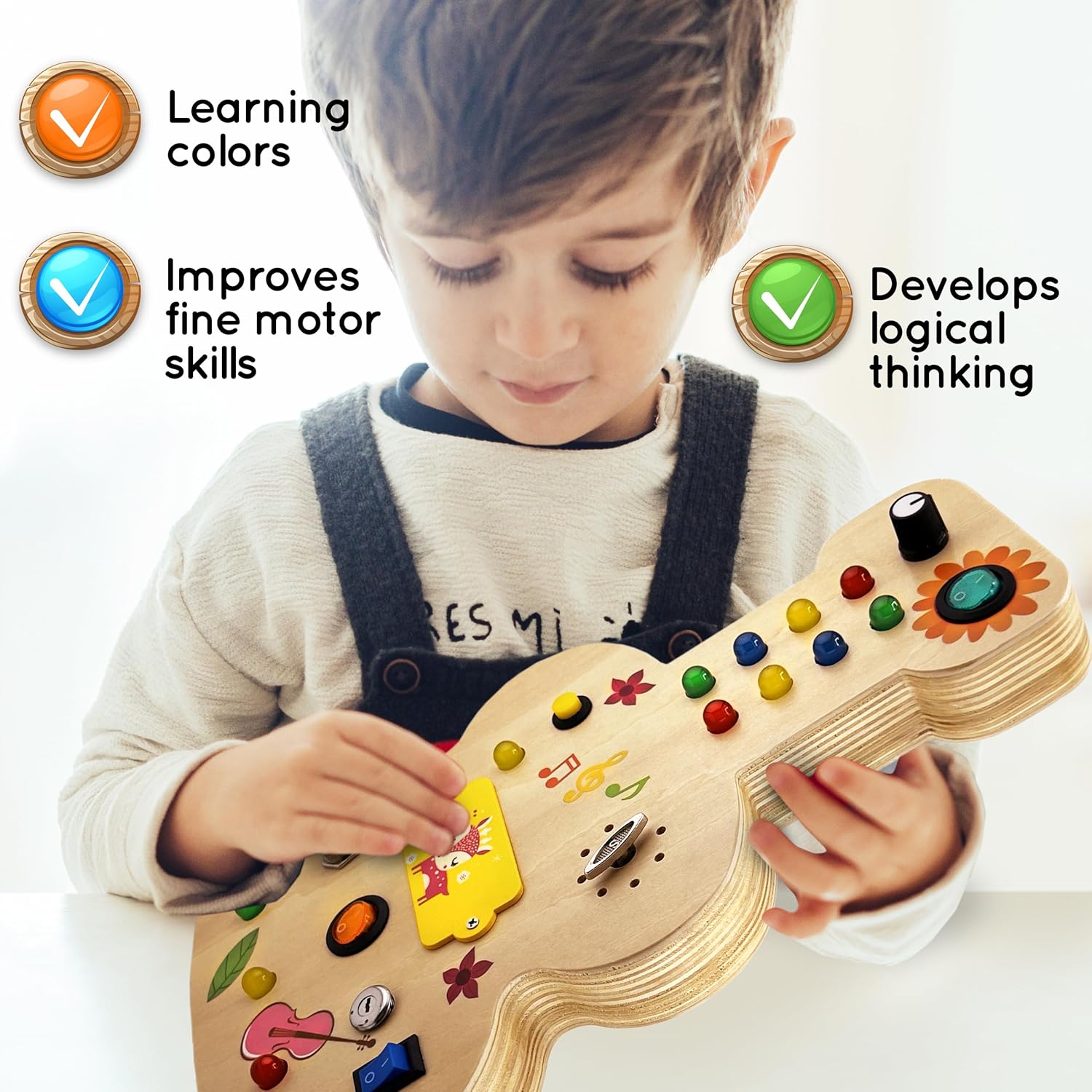 Table d'activités musicale Montessori en bois pour les tout-petres de 3 à 5 ans avec bouton mécanique, ampoules colorées, interrupteurs, boutons - Développe les sens, la motricité et la pensée logique