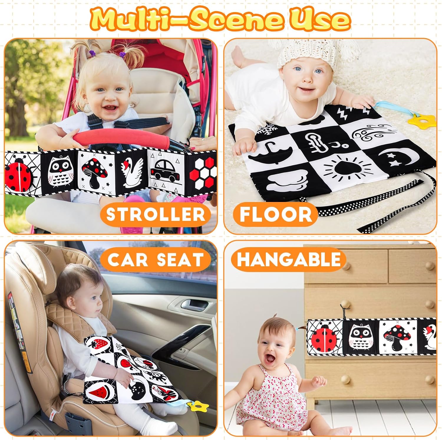 Livre en tissu à contraste élevé Fidtoy pour bébés – Set de jouets Montessori noir et blanc sensoriels pour le temps sur le ventre de 0 à 6 mois