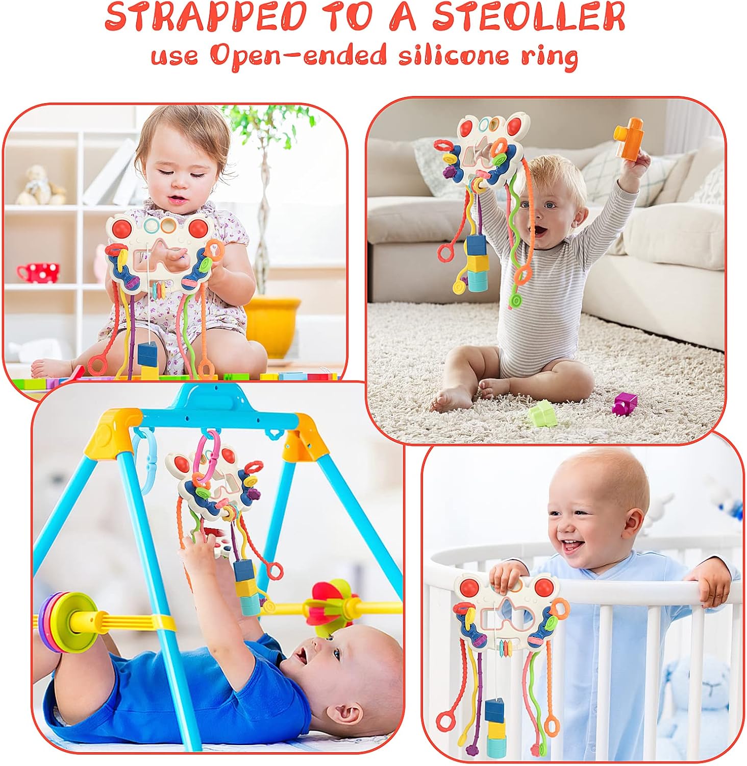 Fidtoy Jouet d'éveil et sensoriel 5-en-1 à tirer pour bébés, Jouet à tirer en silicone en forme de crabe avec boutons-poussoirs, textures, motricité fine et jeu de voyage, âge 0-2 ans