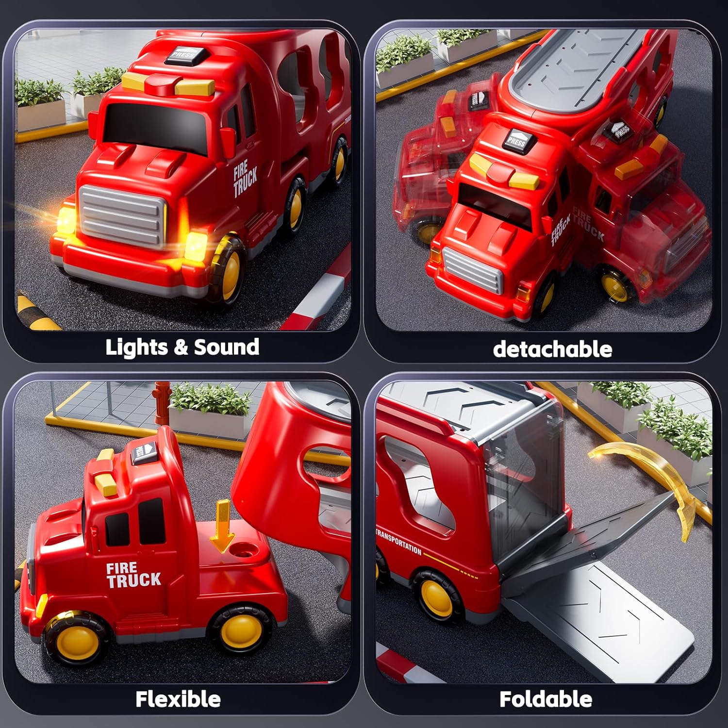 Fidtoy 5-in-1 Fire Truck Carrier Playset for Kids with Helicopter Ladder Truck Lights and Sounds