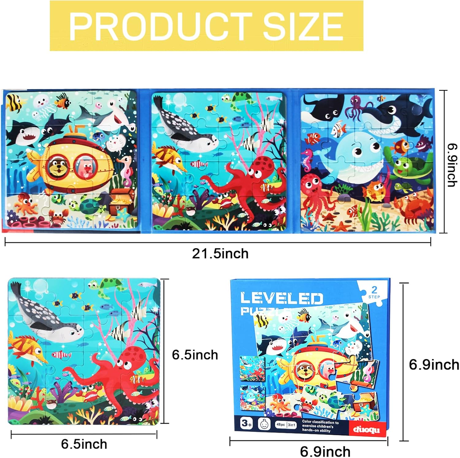 Casse-tête magnétique pour enfants de 3 à 5 ans, 3 à 48 pièces, puzzle océanique en bois, livre de puzzles de qualité supérieure, activités en voiture, jeux de voyage, jouets de voyage pour garçons et filles de 3, 4, 5, 6 ans