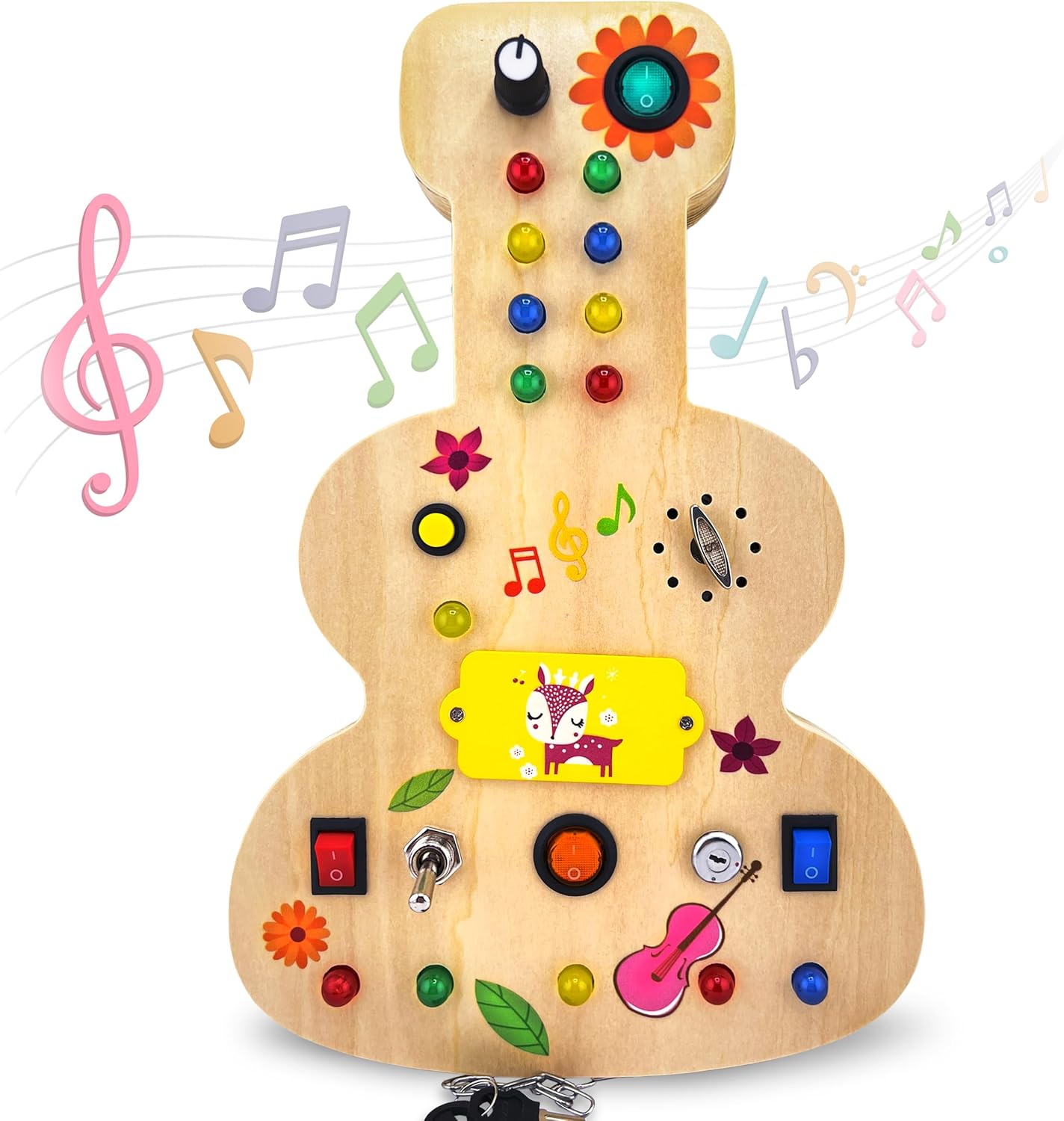 Table d'activités musicale Montessori en bois pour les tout-petres de 3 à 5 ans avec bouton mécanique, ampoules colorées, interrupteurs, boutons - Développe les sens, la motricité et la pensée logique