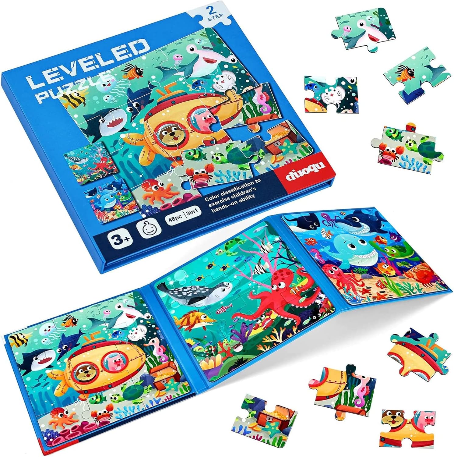 Casse-tête magnétique pour enfants de 3 à 5 ans, 3 à 48 pièces, puzzle océanique en bois, livre de puzzles de qualité supérieure, activités en voiture, jeux de voyage, jouets de voyage pour garçons et filles de 3, 4, 5, 6 ans