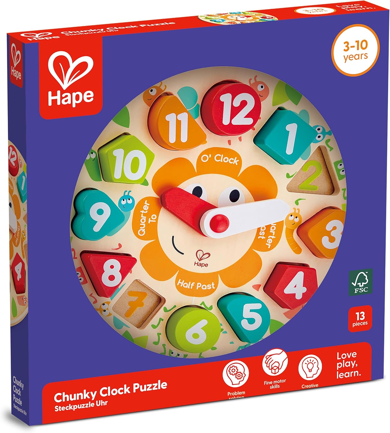 Fidtoy - Puzzle d'Horloge en Bois pour Enfants - Tableau d'Apprentissage de l'Heure