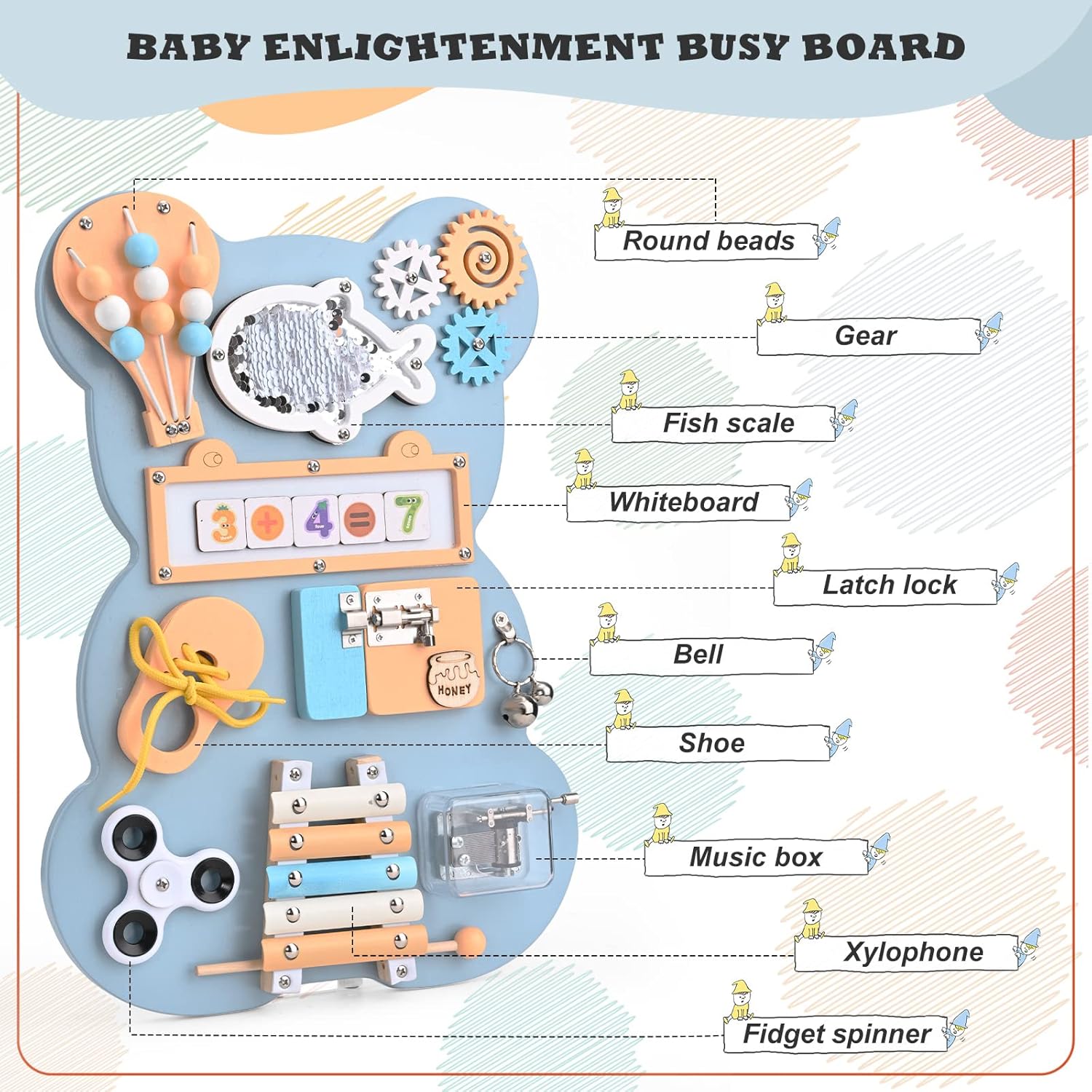 Fidtoy Montessori Busy Board Toy for Toddlers Wooden Activity Board with Music Xylophone Locks Beads Fine Motor Skills Learning Toy Travel Quiet Toy