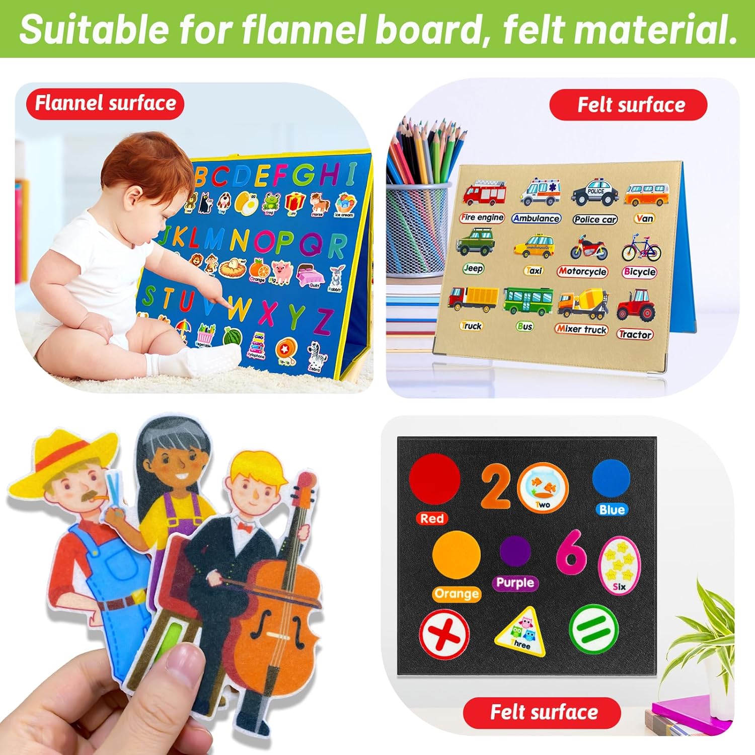 PENGFULL Ensemble de 5 pièces d'apprentissage en feutre, lettres de l'alphabet, fruits et légumes, chiffres, métiers de la communauté, transports, pour tableau en feutre, pour tout-petits, maternelle et préscolaire
