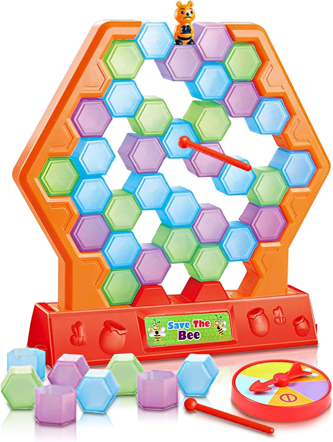 Fidtoy Save the Bee Stacking and Tumbling Game for Kids Ages 3+, Plastic Beehive Balance Board Game with 45 Honeycomb Pieces, 2 Grabbers, Spinner and Bee, Color Recognition Fine Motor Family Game