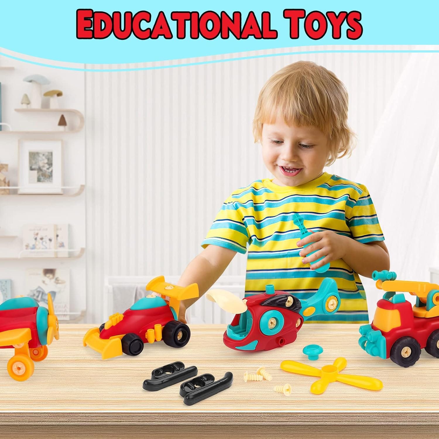 Fidtoy DIY Assembly Vehicle Toy Set 4 Pieces for Kids Ages 3-8, Take Apart Vehicle Playset with Screwdriver, Build and Disassemble Toy Cars for Fine Motor Skills, Problem Solving and Hands-On Engineering Play