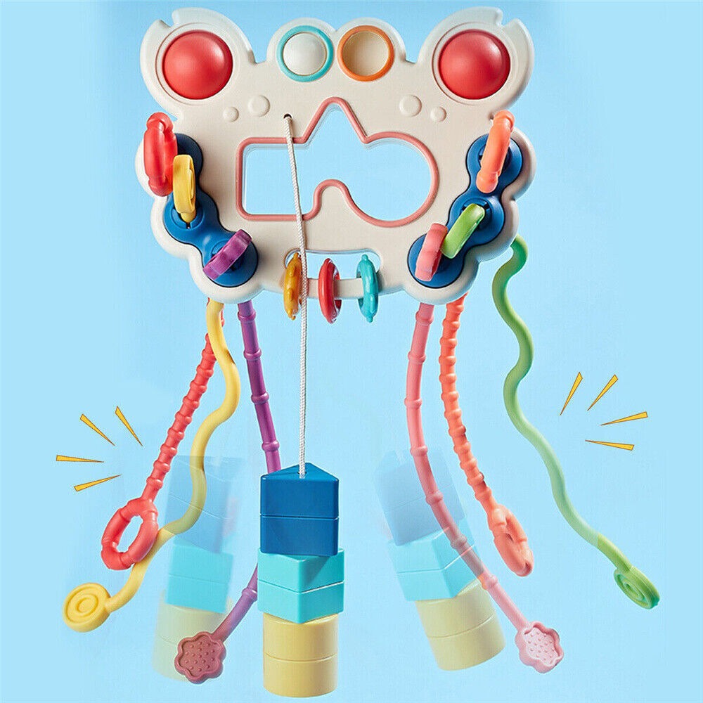 Fidtoy Jouet d'éveil et sensoriel 5-en-1 à tirer pour bébés, Jouet à tirer en silicone en forme de crabe avec boutons-poussoirs, textures, motricité fine et jeu de voyage, âge 0-2 ans