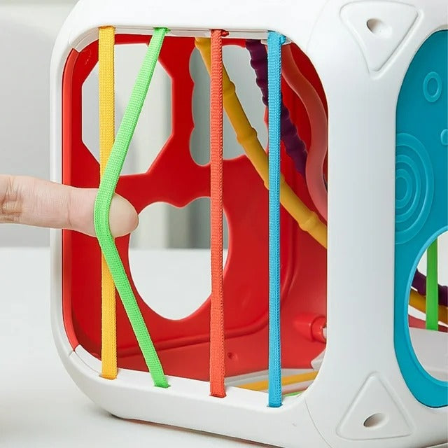 Fidtoy 7-in-1 Multifunctional Shape Sorting Box for Toddlers, Montessori Activity Cube with Shape Sorter, Beads, Gears, Pull String and Stacking Blocks