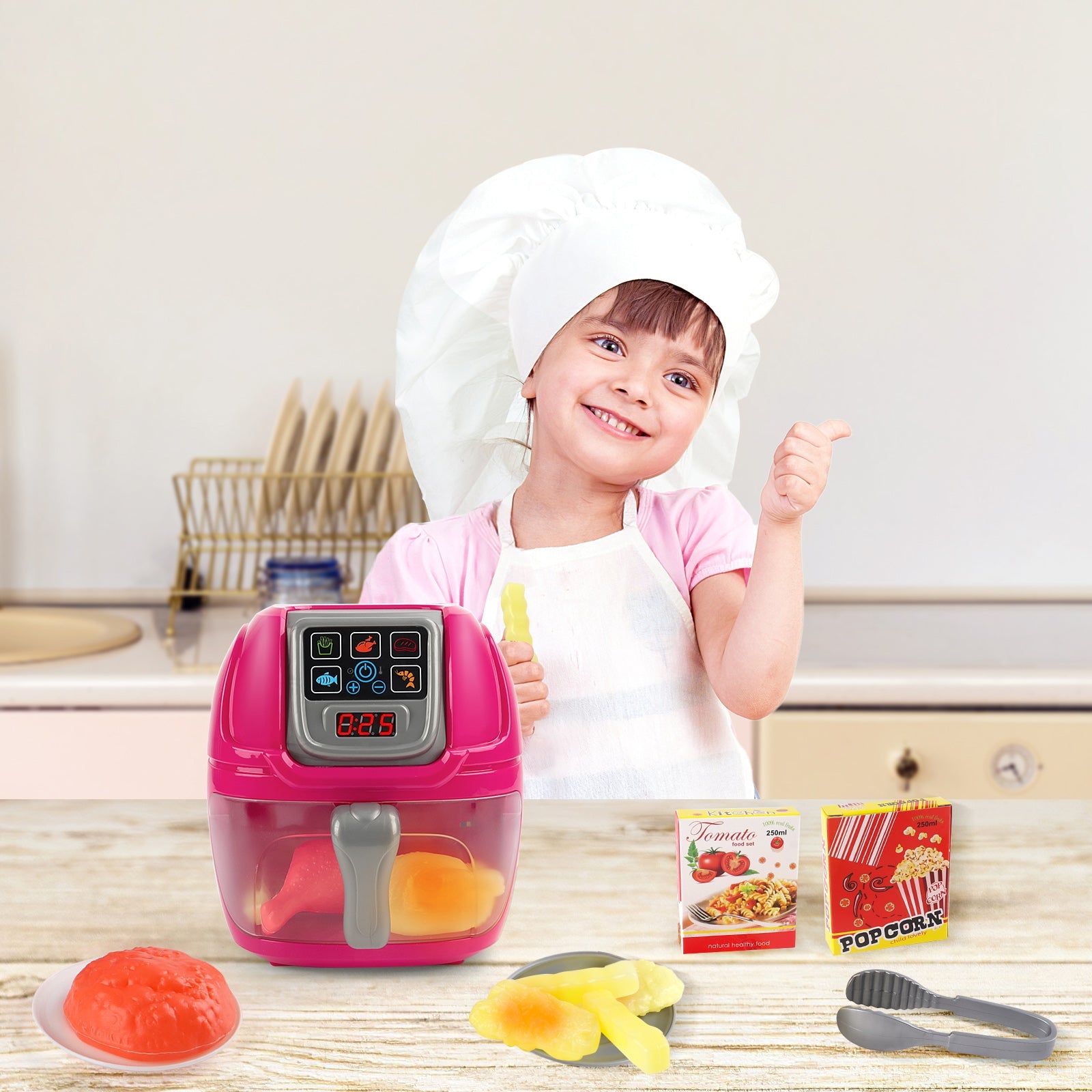Jouet de friteuse à air rose, jouets de cuisine pour enfants, ensemble de jeu de rôle avec assiettes, accessoires alimentaires et pinces de service
