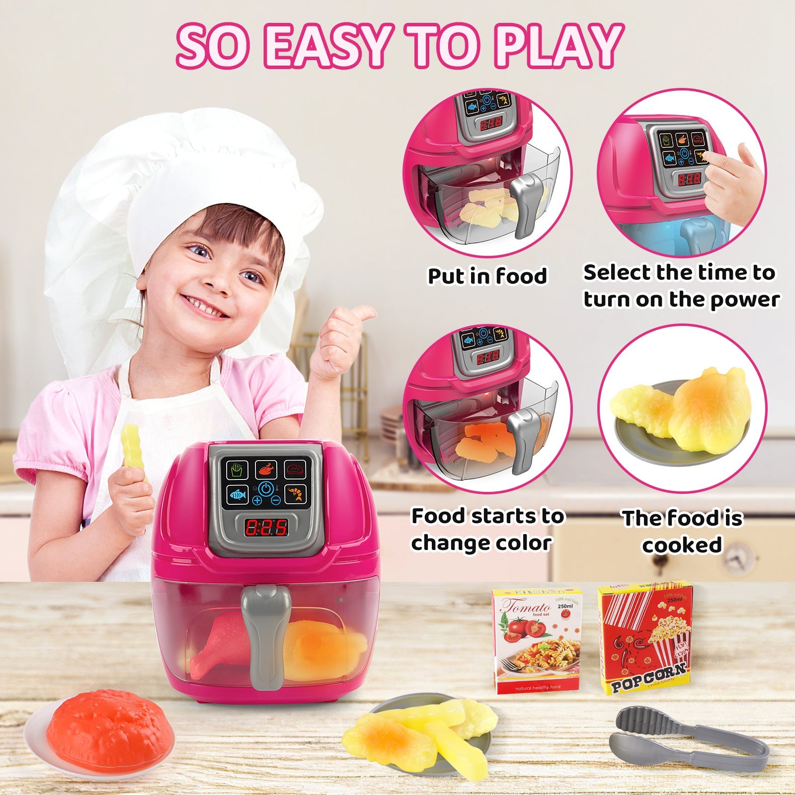 Jouet de friteuse à air rose, jouets de cuisine pour enfants, ensemble de jeu de rôle avec assiettes, accessoires alimentaires et pinces de service