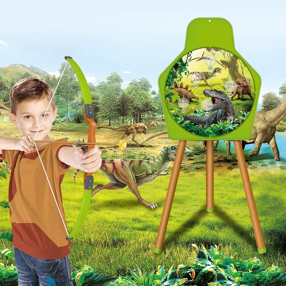 Dinosaur Themed Bow and Arrow Shooting Archery Set with Bow Suction Top Arrows Quiver Target Stand Outdoor Garden Game for Kids