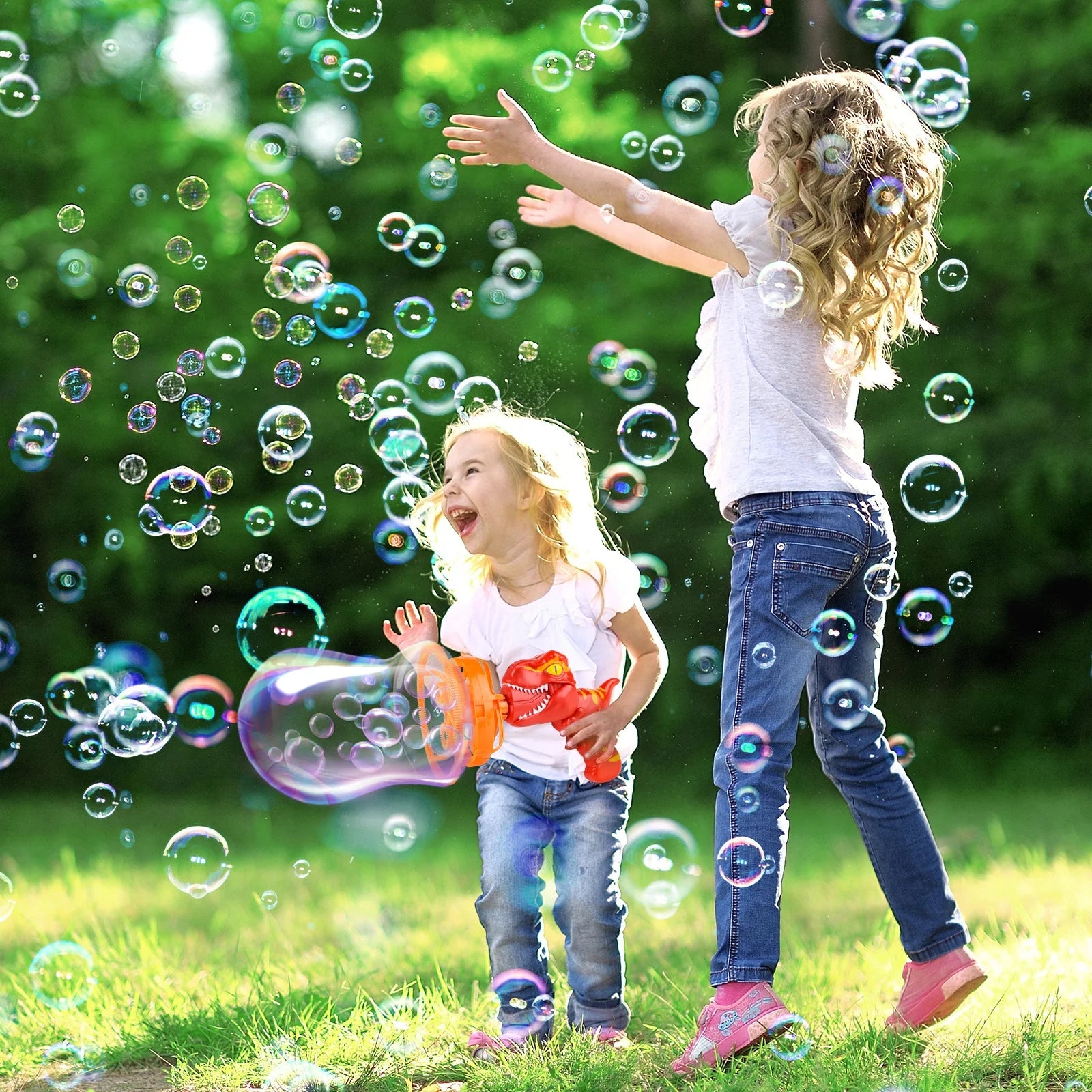 Máquina de Burbujas Automática Portátil de Dinosaurio con Burbujas Grandes Coloridas Juguetes de Verano para Interiores y Exteriores para Niños