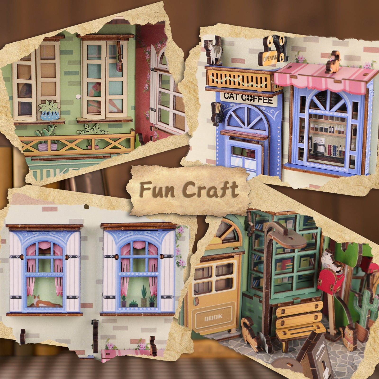 DIY Book Nook Kit DIY Dollhouse Booknook Bookshelf Insert Decor Alley Book Nook Wood Bookend Model Building (Stree & Cat Modle)
